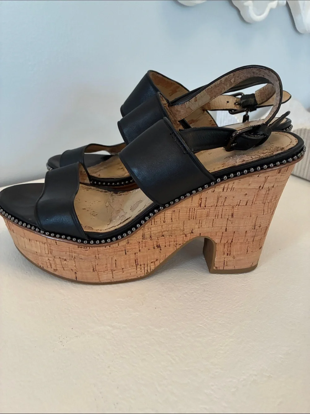 Coach Black Leather Cork Platform Sandals with Stud Trim Size 7.5